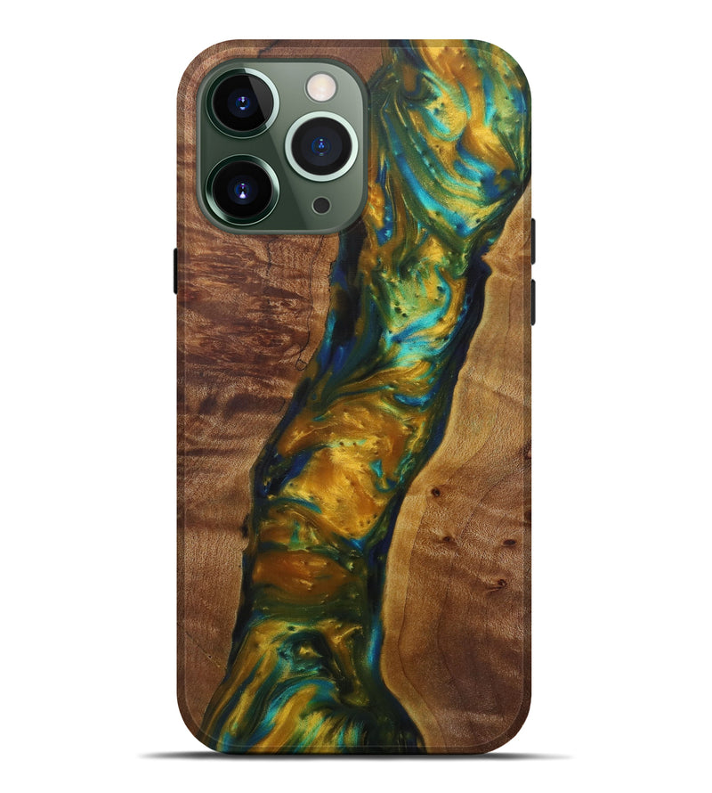 iPhone 13 Pro Max Wood+Resin Live Edge Phone Case - Moyra (Teal & Gold, 571549)