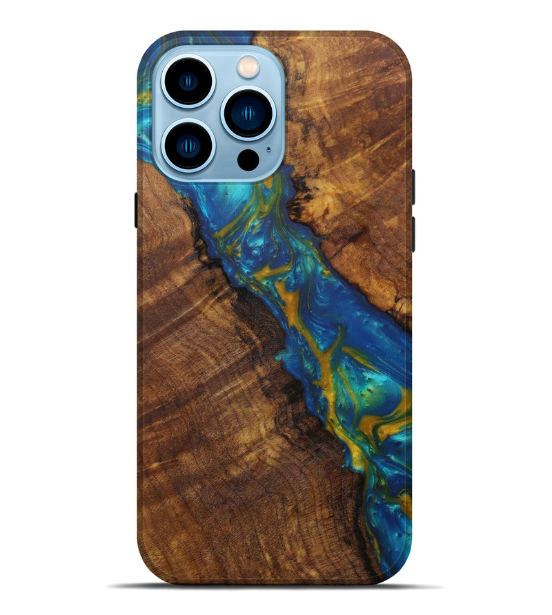 iPhone 14 Pro Max Wood+Resin Live Edge Phone Case - Tate (Teal & Gold, 586086)