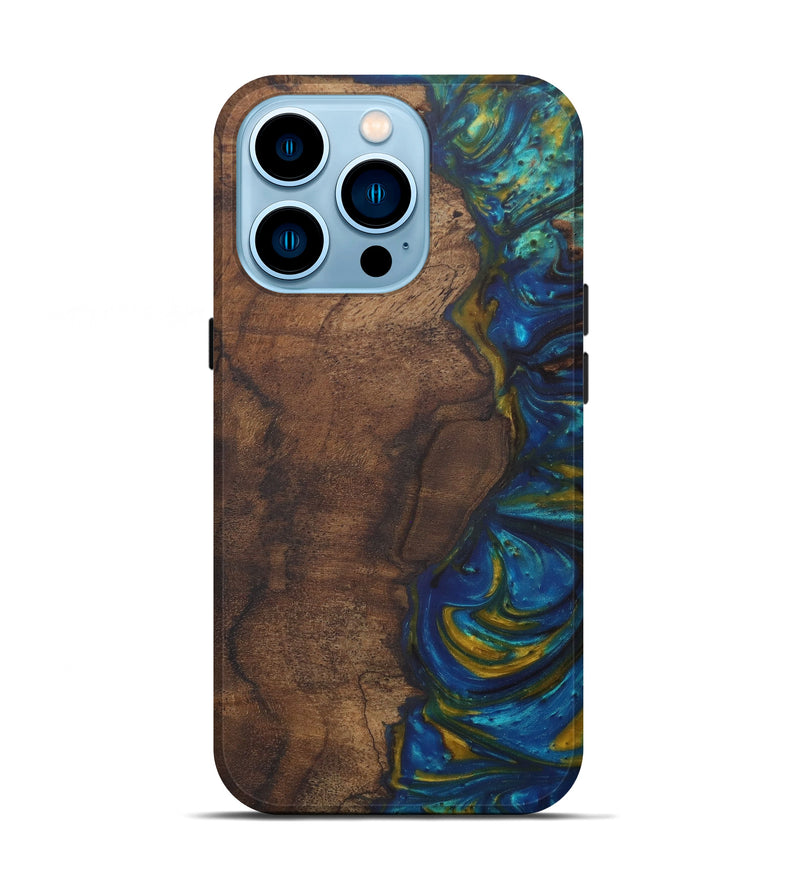 iPhone 14 Pro Wood+Resin Live Edge Phone Case - Bettine (Teal & Gold, 581712)