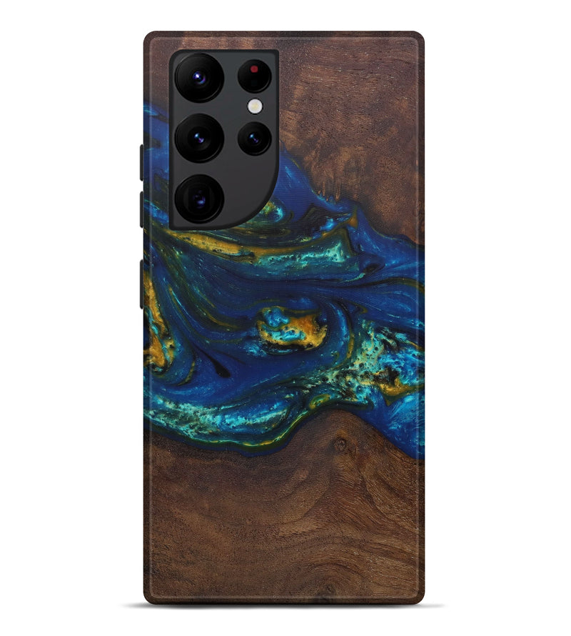 Galaxy S22 Ultra Wood+Resin Live Edge Phone Case - Gavin (Teal & Gold, 588702)