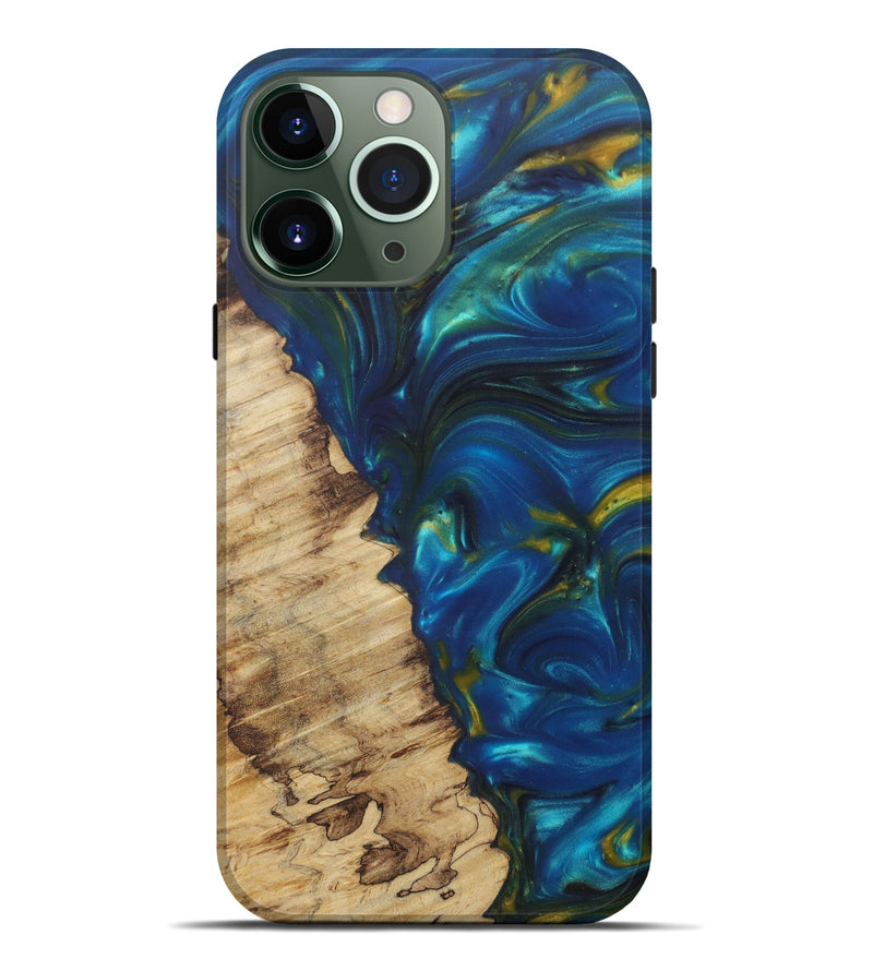 iPhone 13 Pro Max Wood+Resin Live Edge Phone Case - Faunie (Teal & Gold, 577469)
