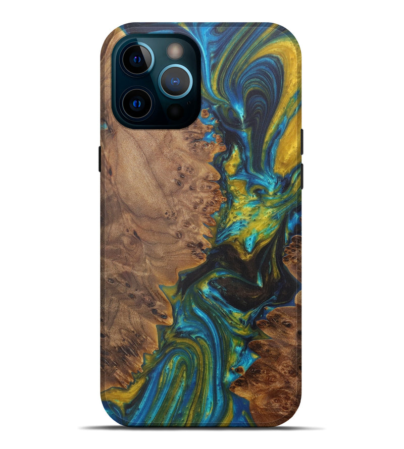 iPhone 12 Pro Max Wood+Resin Live Edge Phone Case - Ajit (Teal & Gold, 574857)