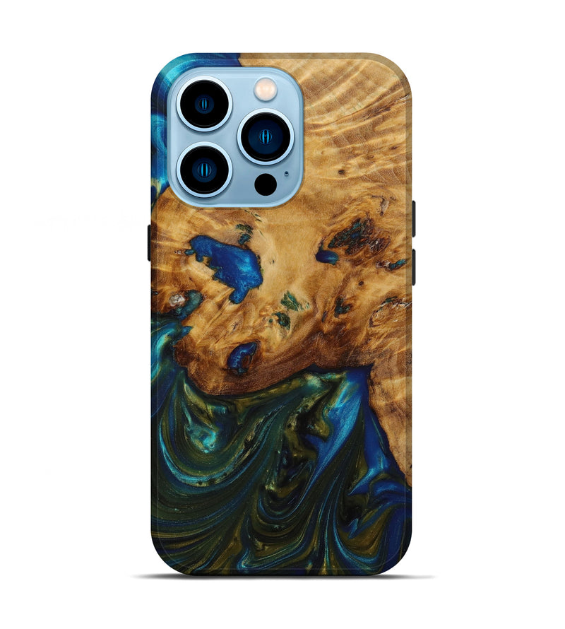 iPhone 14 Pro Wood+Resin Live Edge Phone Case - Bennett (Teal & Gold, 642677)
