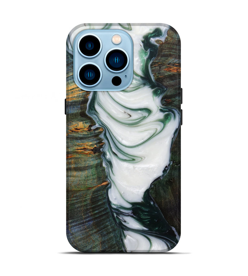 iPhone 14 Pro Wood+Resin Live Edge Phone Case - Mariesara (Dark Green, 585223)