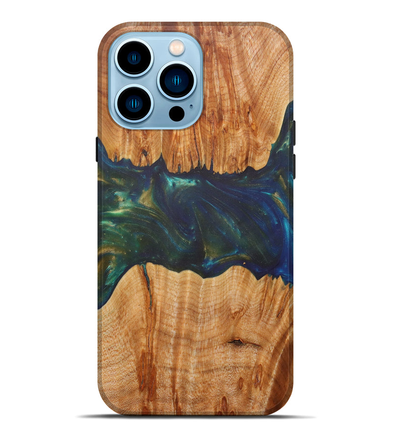 iPhone 14 Pro Max Wood+Resin Live Edge Phone Case - Pet (Teal & Gold, 589847)