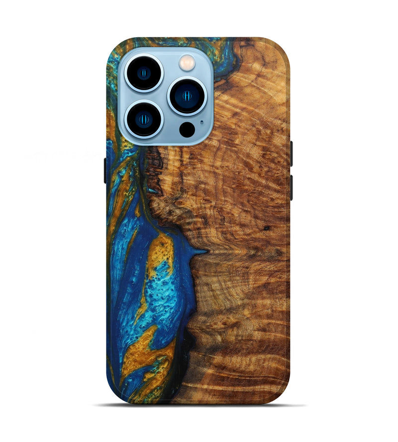 iPhone 14 Pro Wood+Resin Live Edge Phone Case - Koo (Teal & Gold, 588698)