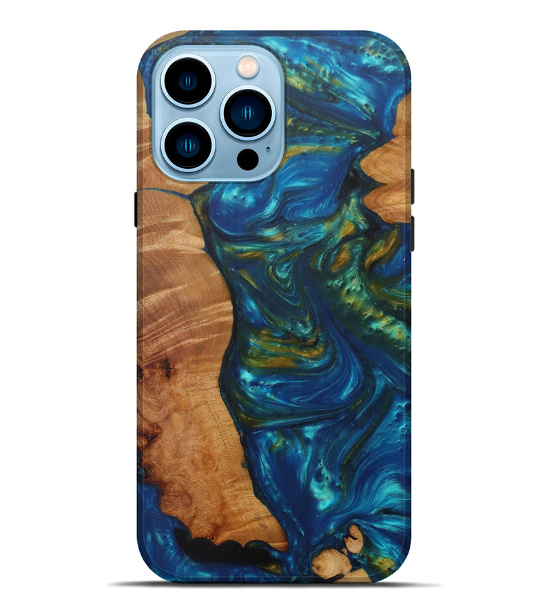 iPhone 14 Pro Max Wood+Resin Live Edge Phone Case - Zein (Teal & Gold, 586095)