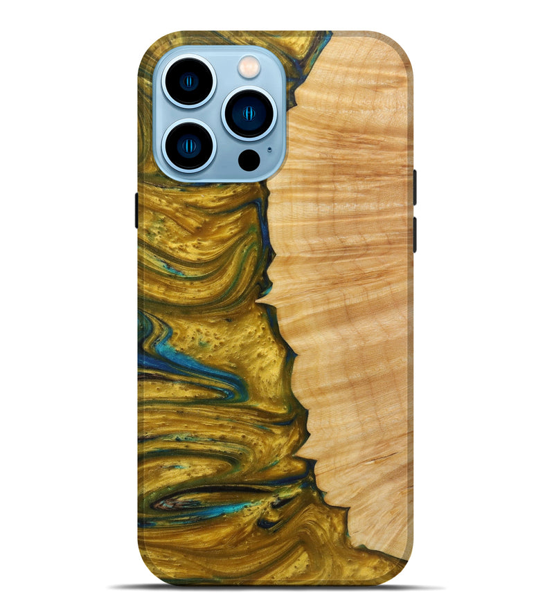 iPhone 14 Pro Max Wood+Resin Live Edge Phone Case - Lindsy (Teal & Gold, 582828)