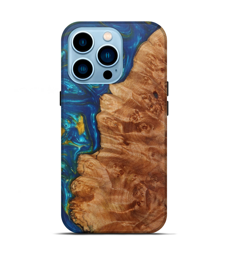 iPhone 14 Pro Wood+Resin Live Edge Phone Case - Jacintha (Teal & Gold, 585553)