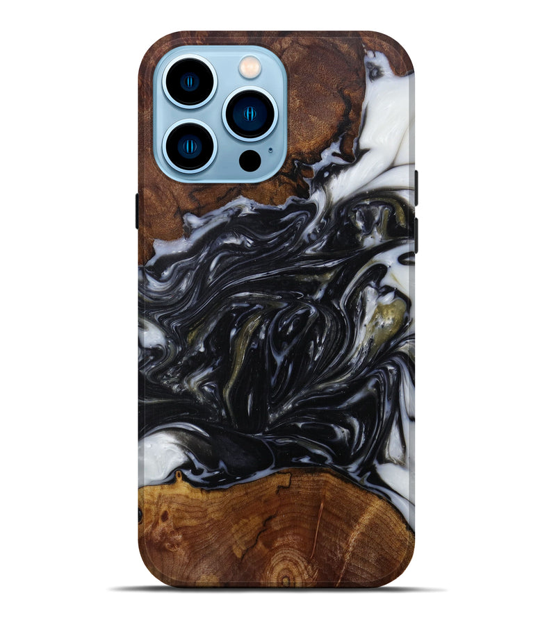 iPhone 14 Pro Max Wood+Resin Live Edge Phone Case - Gina (Black & White, 582866)