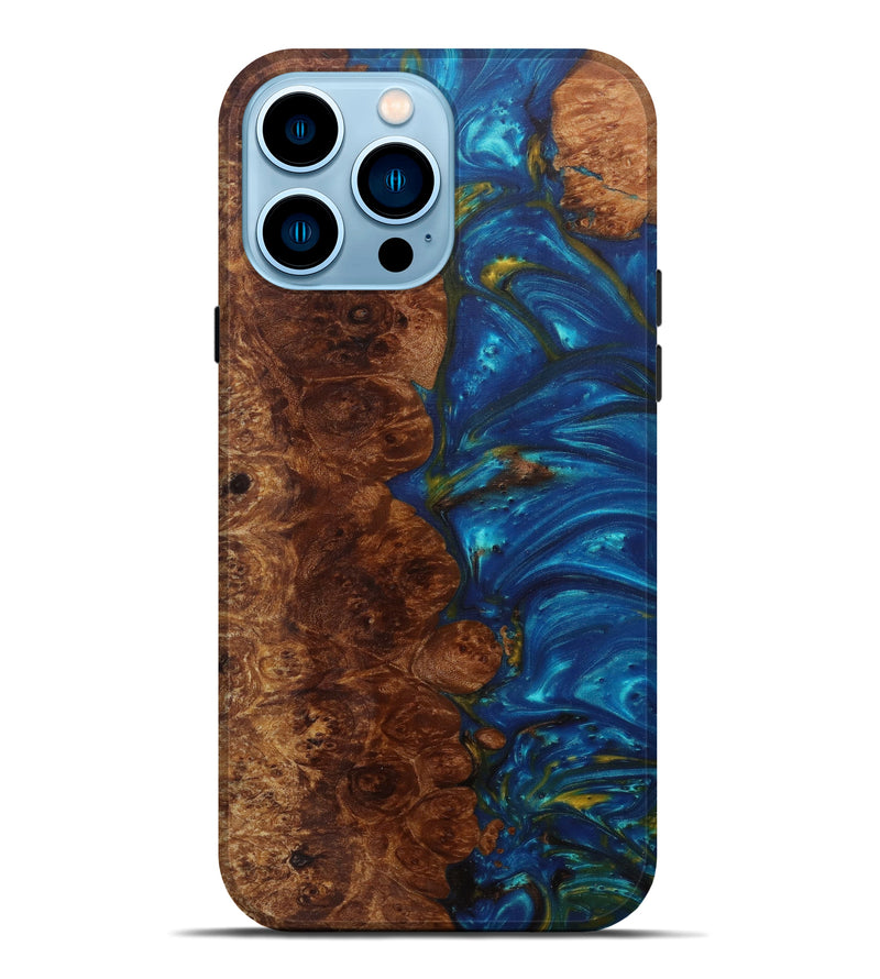 iPhone 14 Pro Max Wood+Resin Live Edge Phone Case - Erminia (Teal & Gold, 582811)