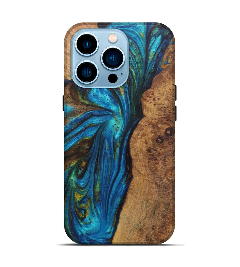 iPhone 14 Pro Wood+Resin Live Edge Phone Case - Chloe (Teal & Gold, 581724)