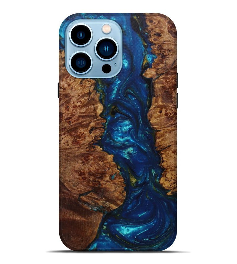iPhone 14 Pro Max Wood+Resin Live Edge Phone Case - Susana (Teal & Gold, 588712)
