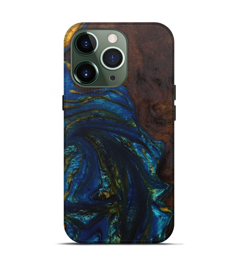 iPhone 13 Pro Wood+Resin Live Edge Phone Case - Mot (Teal & Gold, 588723)