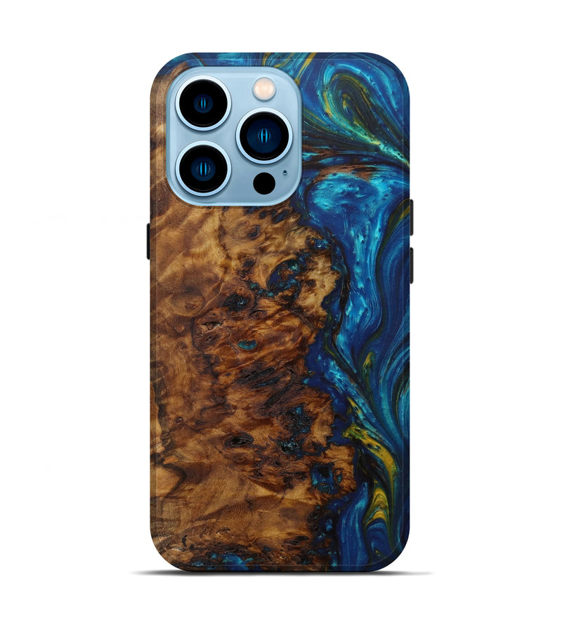 iPhone 14 Pro Wood+Resin Live Edge Phone Case - Johna (Teal & Gold, 584037)