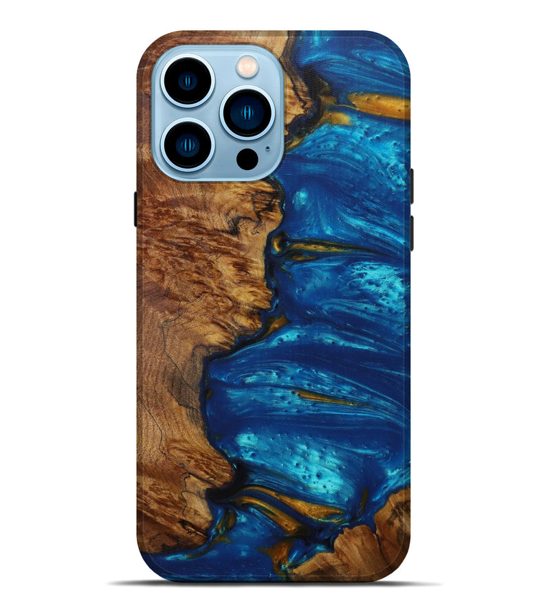 iPhone 14 Pro Max Wood+Resin Live Edge Phone Case - Shanon (Teal & Gold, 588728)