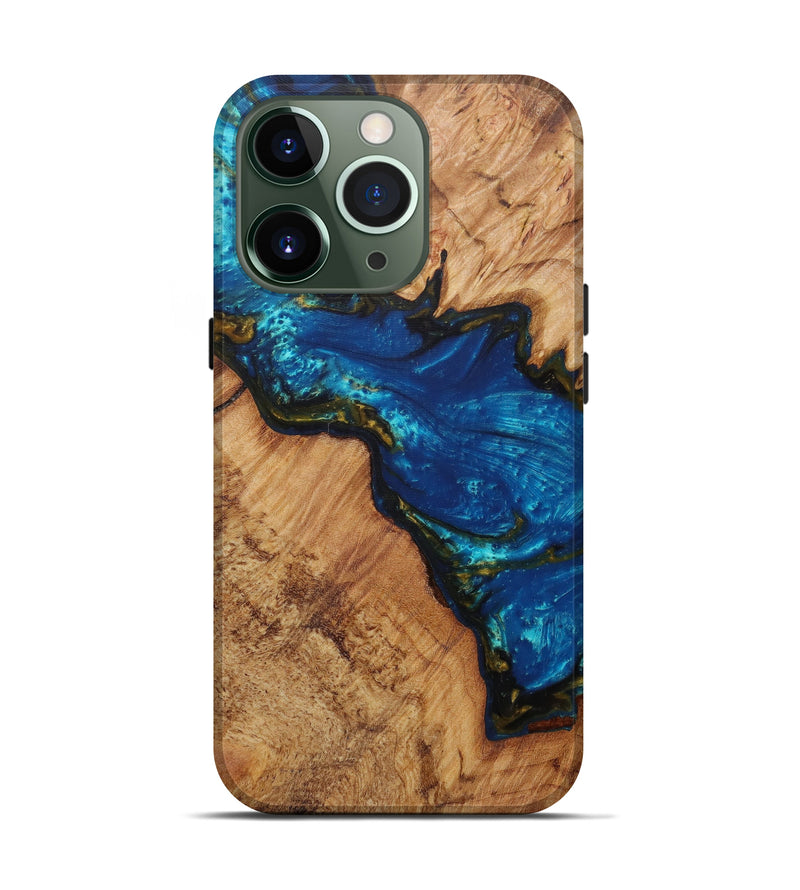 iPhone 13 Pro Wood+Resin Live Edge Phone Case - Caritta (Teal & Gold, 588713)