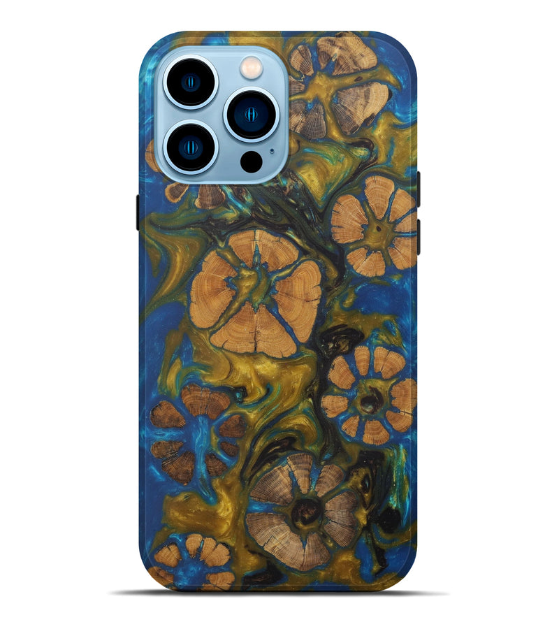 iPhone 14 Pro Max Wood+Resin Live Edge Phone Case - Eulalie (Teal & Gold, 581709)
