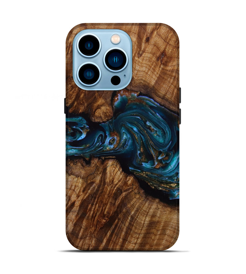 iPhone 14 Pro Wood+Resin Live Edge Phone Case - Analia (Teal & Gold, 645979)