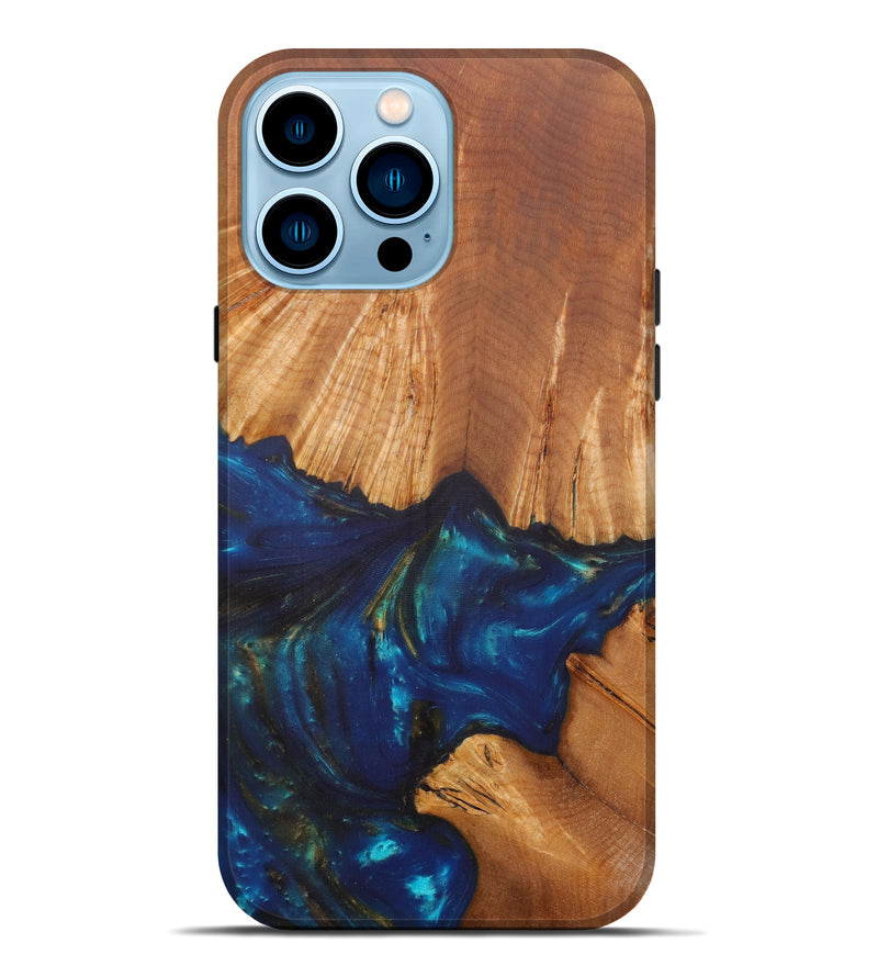 iPhone 14 Pro Max Wood+Resin Live Edge Phone Case - Netas (Teal & Gold, 585551)