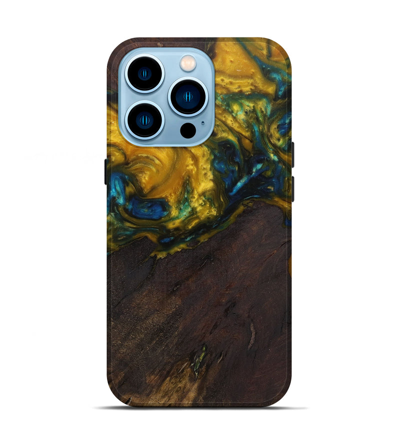 iPhone 14 Pro Wood+Resin Live Edge Phone Case - Francesca (Teal & Gold, 582842)