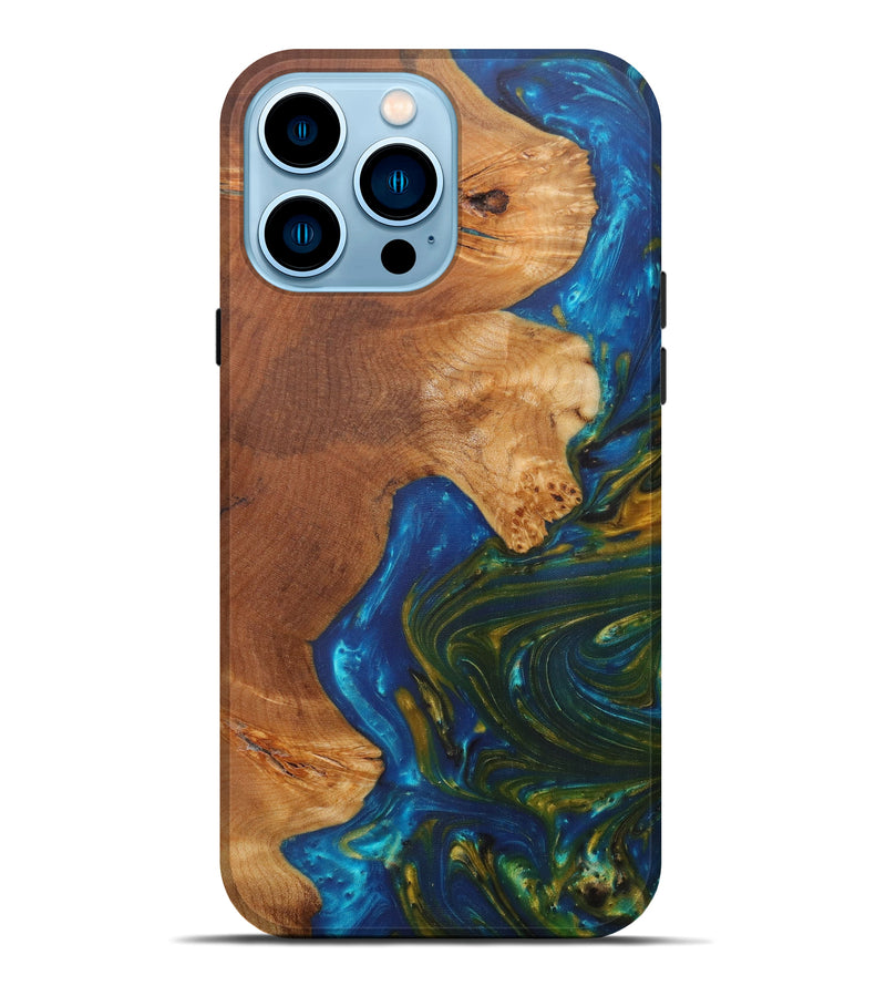 iPhone 14 Pro Max Wood+Resin Live Edge Phone Case - Guido (Teal & Gold, 585554)