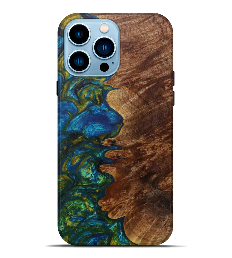 iPhone 14 Pro Max Wood+Resin Live Edge Phone Case - Dau (Teal & Gold, 584108)