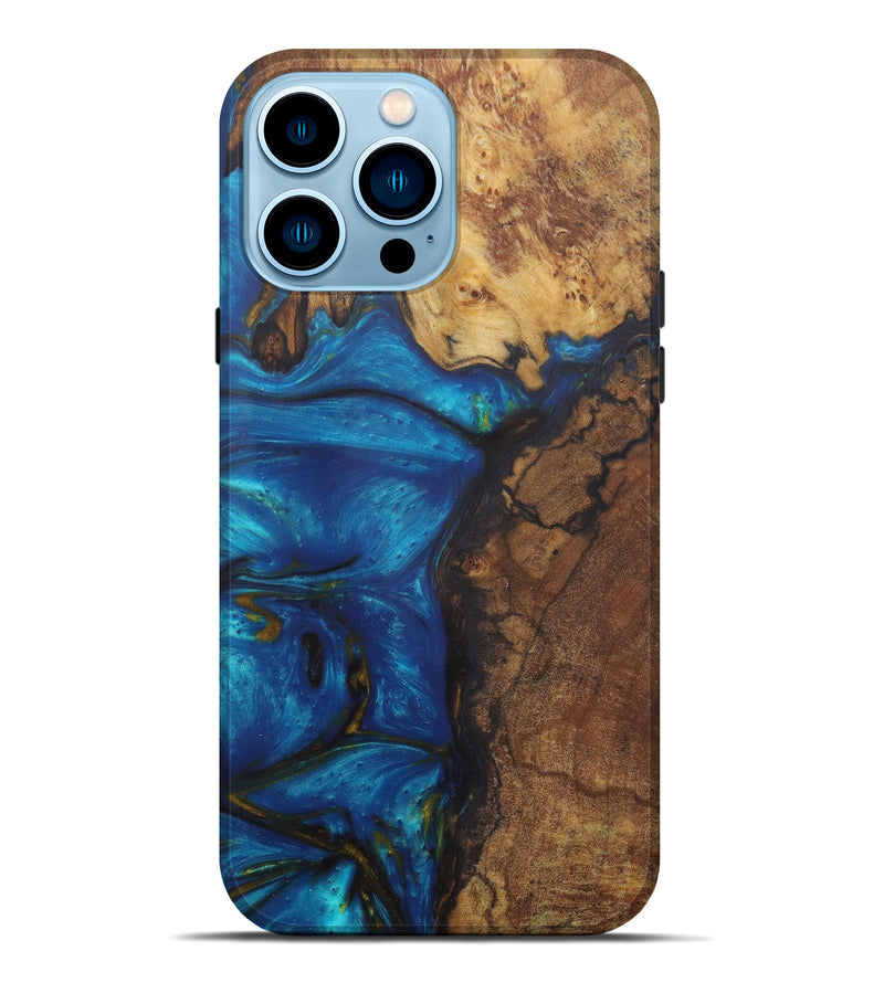 iPhone 14 Pro Max Wood+Resin Live Edge Phone Case - Laquinta (Teal & Gold, 581670)