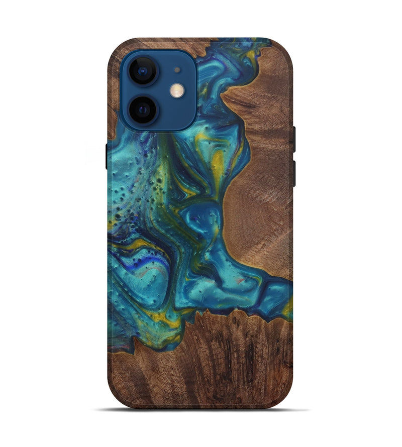 iPhone 12 Wood+Resin Live Edge Phone Case - Othilie (Teal & Gold, 573564)