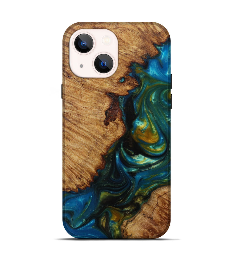 iPhone 13 Wood+Resin Live Edge Phone Case - Beana (Teal & Gold, 588726)