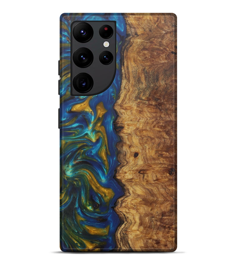 Galaxy S22 Ultra Wood+Resin Live Edge Phone Case - Ezella (Teal & Gold, 581695)