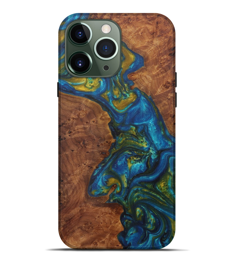 iPhone 13 Pro Max Wood+Resin Live Edge Phone Case - Maddi (Teal & Gold, 575524)