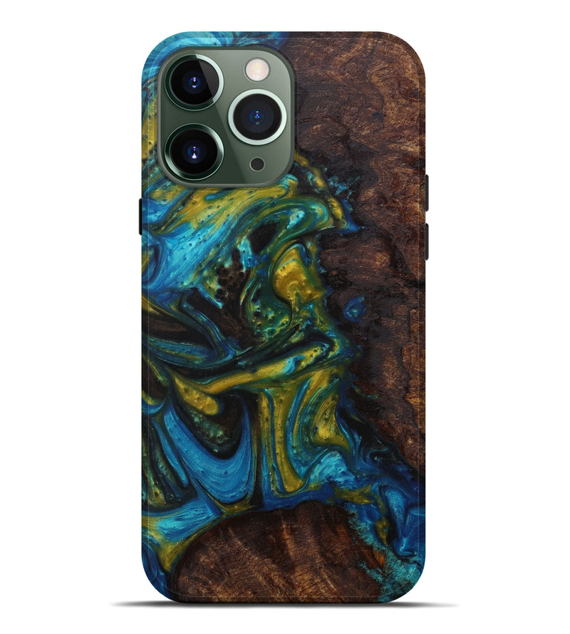 iPhone 13 Pro Max Wood+Resin Live Edge Phone Case - Aubrette (Teal & Gold, 584066)