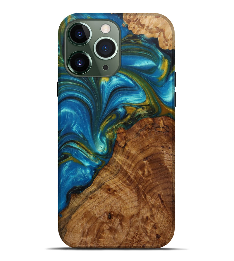 iPhone 13 Pro Max Wood+Resin Live Edge Phone Case - Anderea (Teal & Gold, 571496)