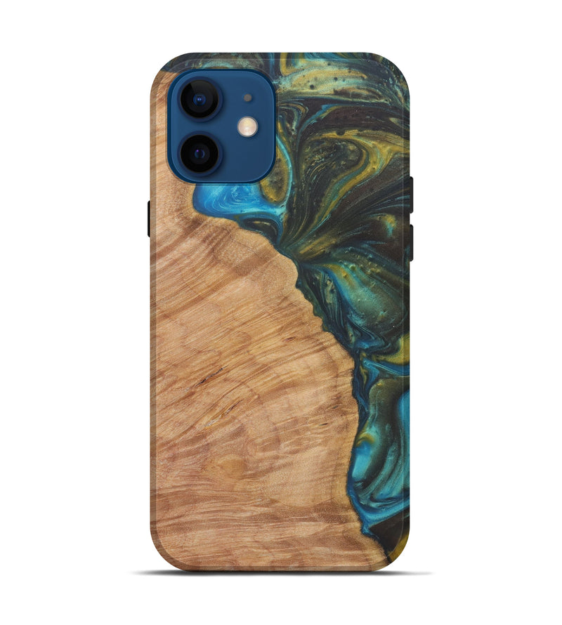 iPhone 12 Wood+Resin Live Edge Phone Case - Padraig (Teal & Gold, 577472)