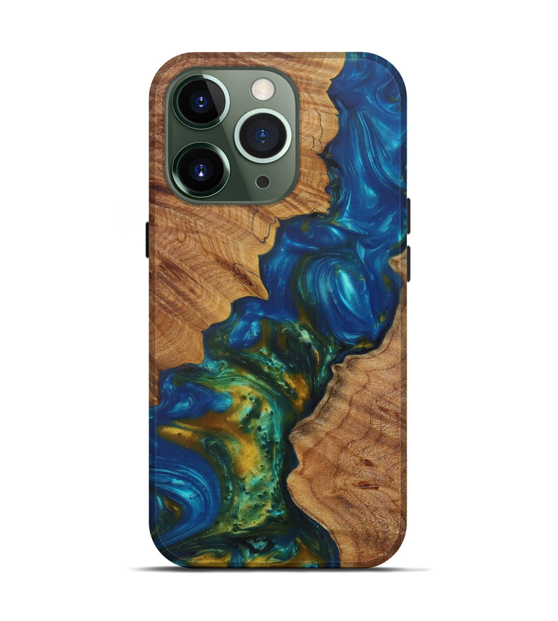iPhone 13 Pro Wood+Resin Live Edge Phone Case - Rachel (Teal & Gold, 586094)