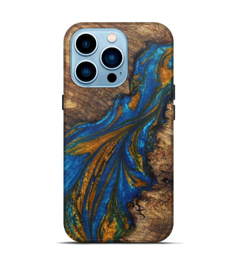 iPhone 14 Pro Wood+Resin Live Edge Phone Case - Hedwig (Teal & Gold, 588697)