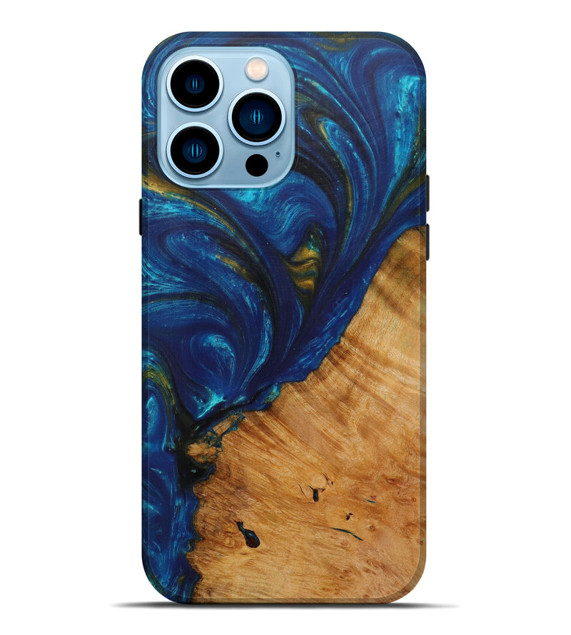 iPhone 14 Pro Max Wood+Resin Live Edge Phone Case - Cathrine (Teal & Gold, 585203)