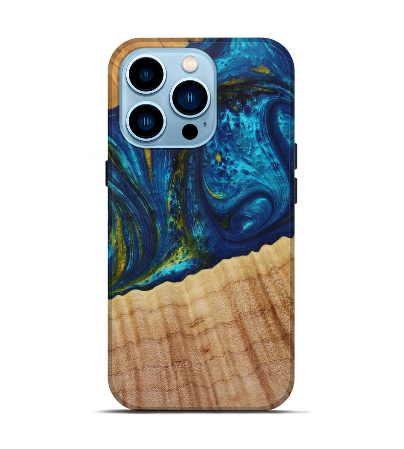 iPhone 14 Pro Wood+Resin Live Edge Phone Case - Rolly (Teal & Gold, 585167)