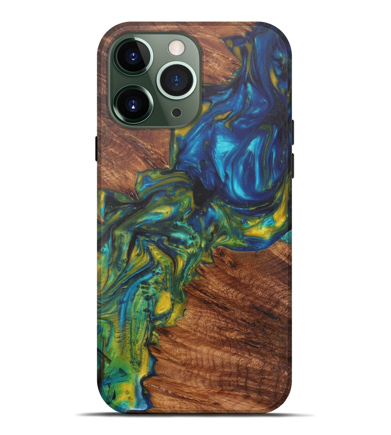 iPhone 13 Pro Max Wood+Resin Live Edge Phone Case - Lionel (Teal & Gold, 574866)