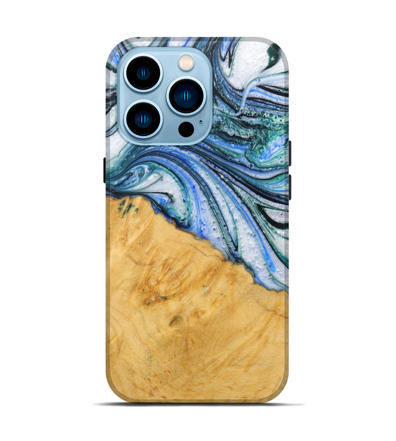 iPhone 14 Pro Wood+Resin Live Edge Phone Case - Riekie (Light Blue, 586733)