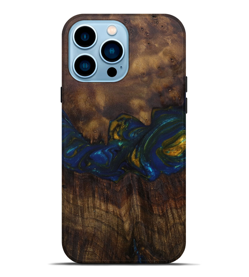 iPhone 14 Pro Max Wood+Resin Live Edge Phone Case - Sherwyn (Teal & Gold, 588724)
