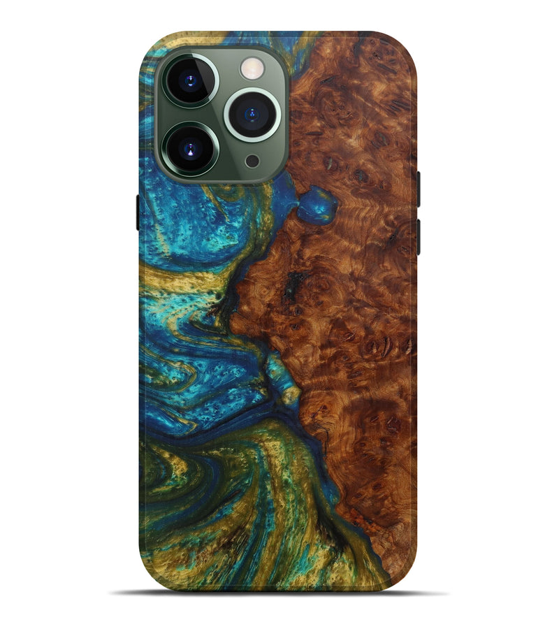 iPhone 13 Pro Max Wood+Resin Live Edge Phone Case - Demetri (Teal & Gold, 571547)