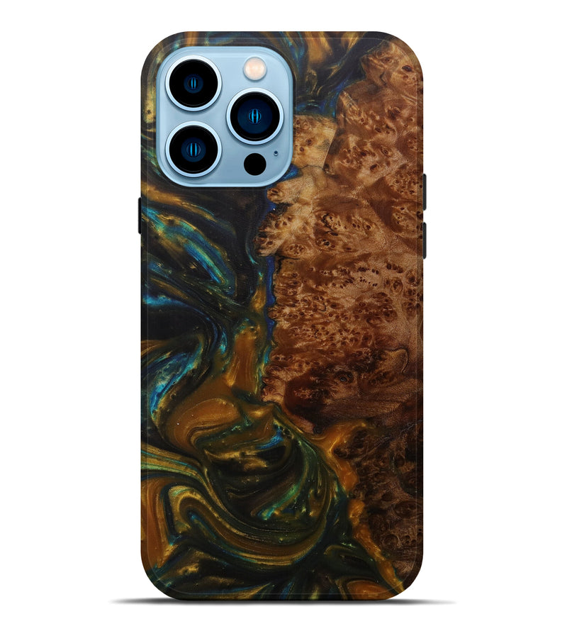 iPhone 14 Pro Max Wood+Resin Live Edge Phone Case - Margy (Teal & Gold, 585159)