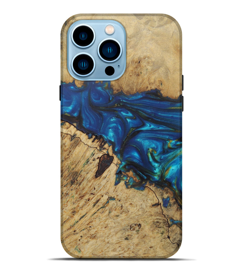 iPhone 14 Pro Max Wood+Resin Live Edge Phone Case - Goldia (Teal & Gold, 581688)
