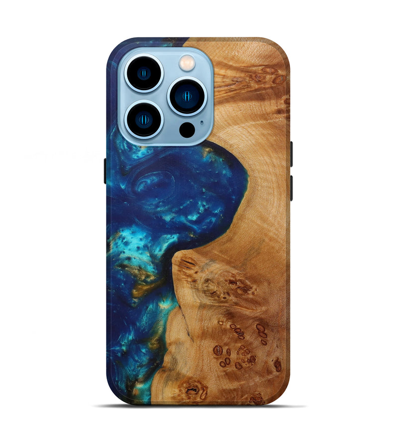 iPhone 14 Pro Wood+Resin Live Edge Phone Case - Yokan (Teal & Gold, 585556)
