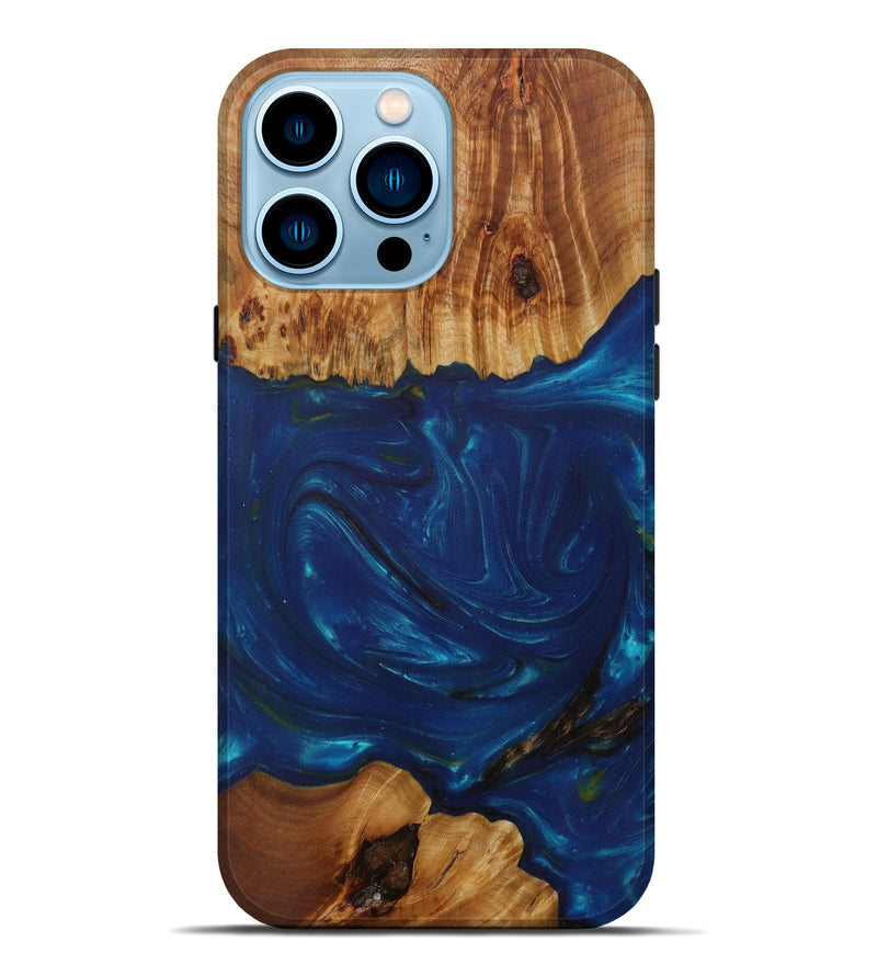 iPhone 14 Pro Max Wood+Resin Live Edge Phone Case - Joy (Teal & Gold, 587773)