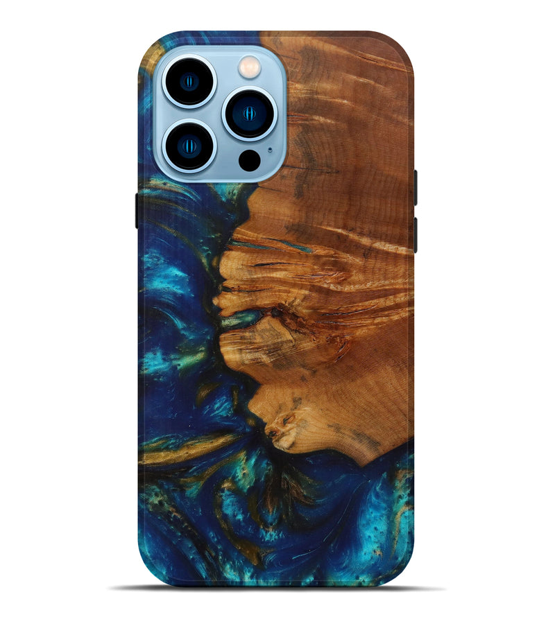 iPhone 14 Pro Max Wood+Resin Live Edge Phone Case - Sask (Teal & Gold, 586078)