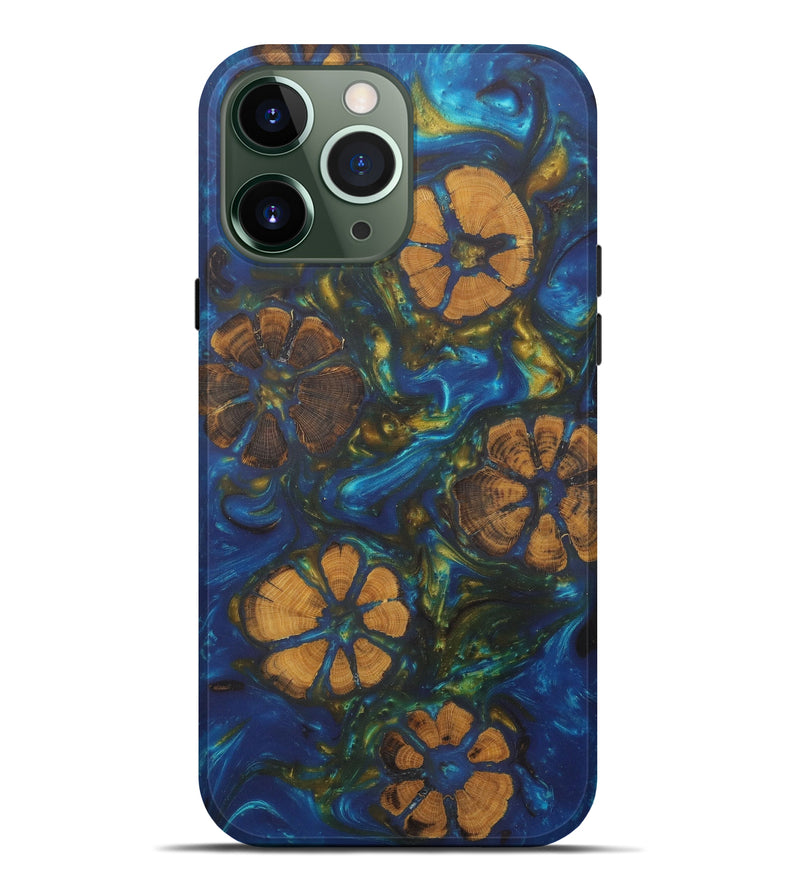 iPhone 13 Pro Max Wood+Resin Live Edge Phone Case - Angelica (Teal & Gold, 581711)