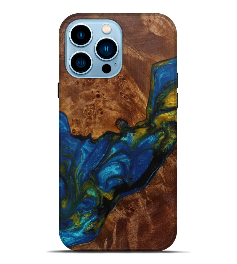 iPhone 14 Pro Max Wood+Resin Live Edge Phone Case - Tilak (Teal & Gold, 584057)